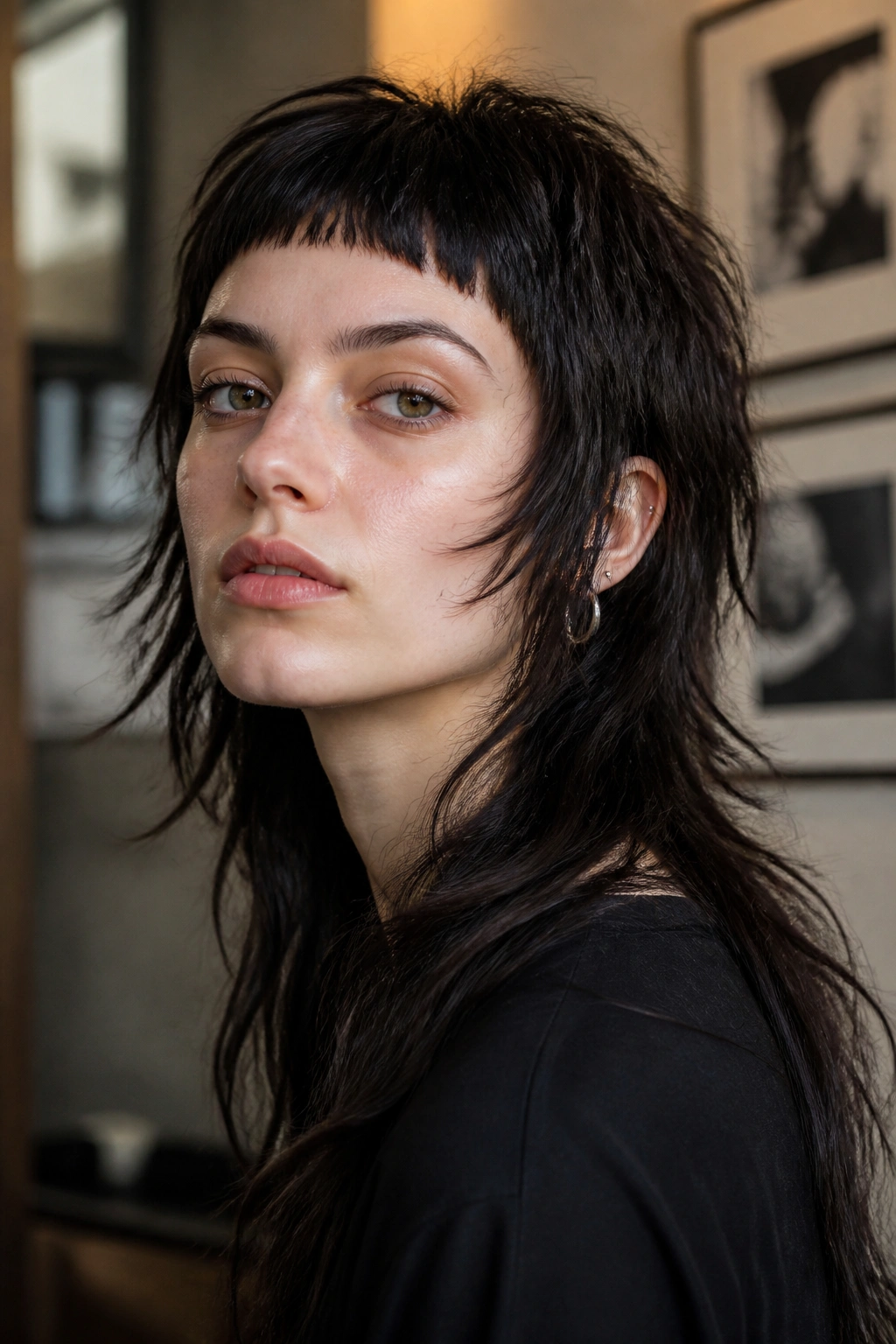 Close-up portrait of a real person with micro bangs and long shag mullet