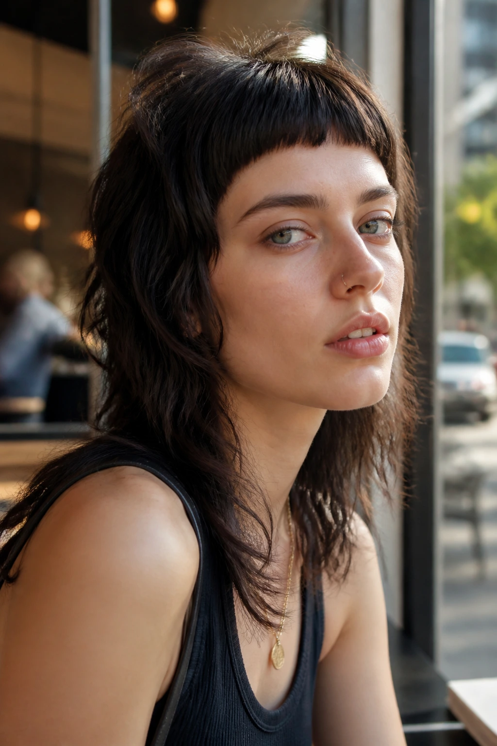 Portrait of a real woman with micro-bangs paired with a shag for a bold, high-fashion look.