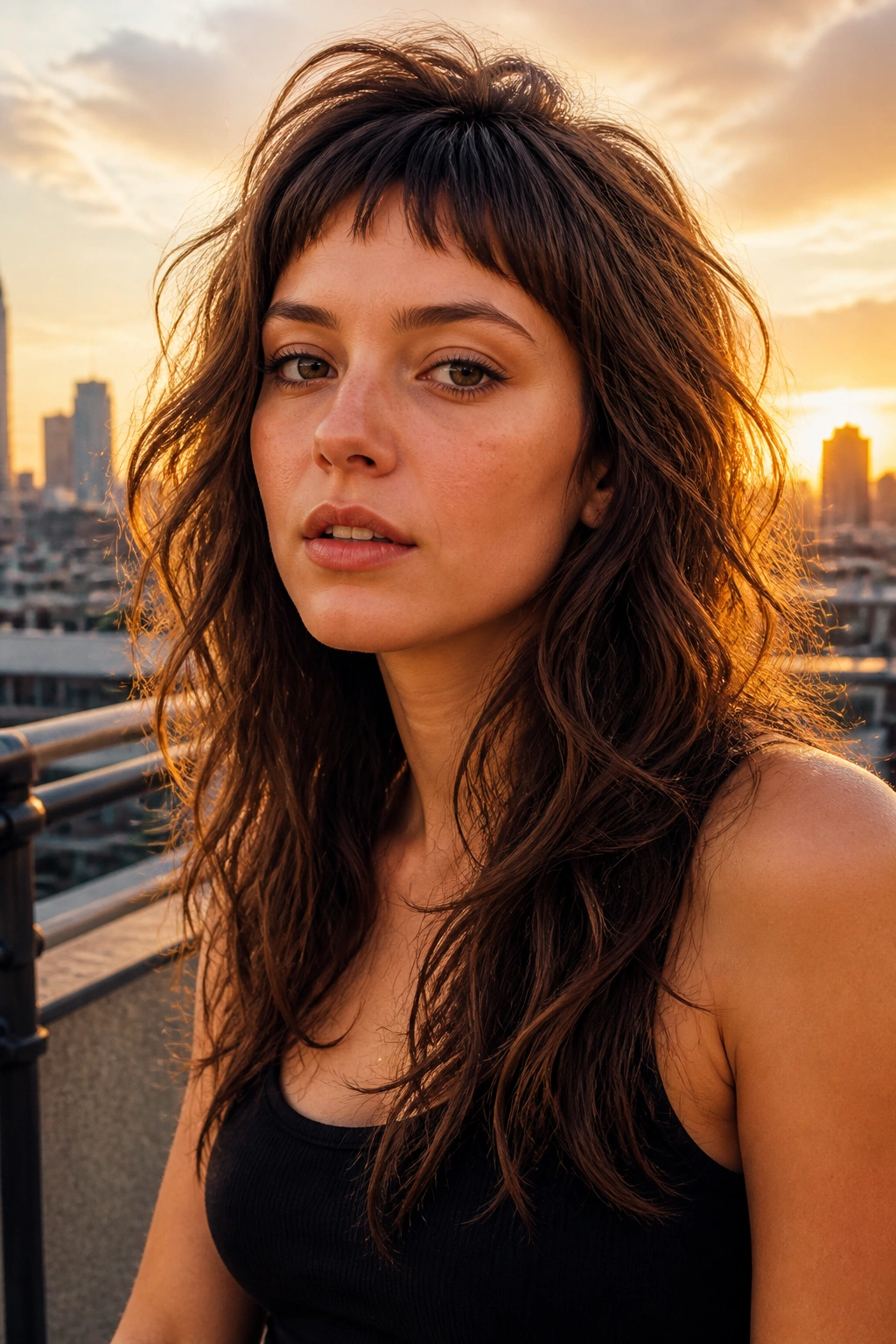 Portrait of a woman with micro bangs and long wavy shag layers against a golden-hour city skyline backdrop.
