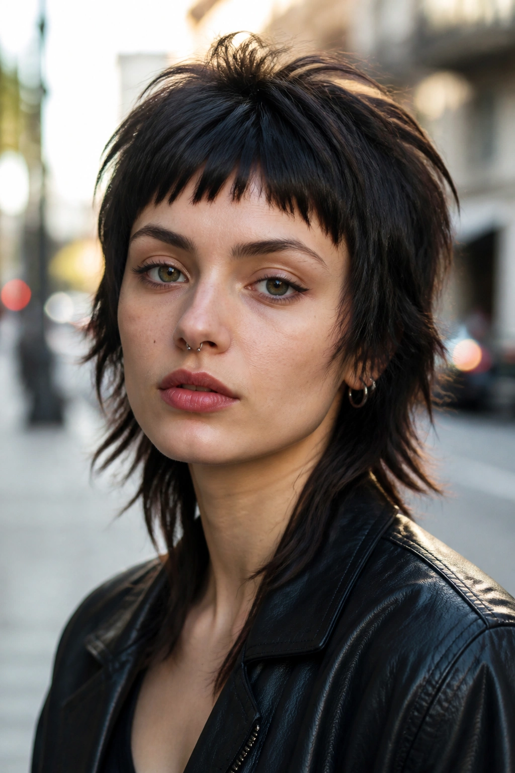 Portrait of real person with micro bangs and choppy wolf cut in urban morning light