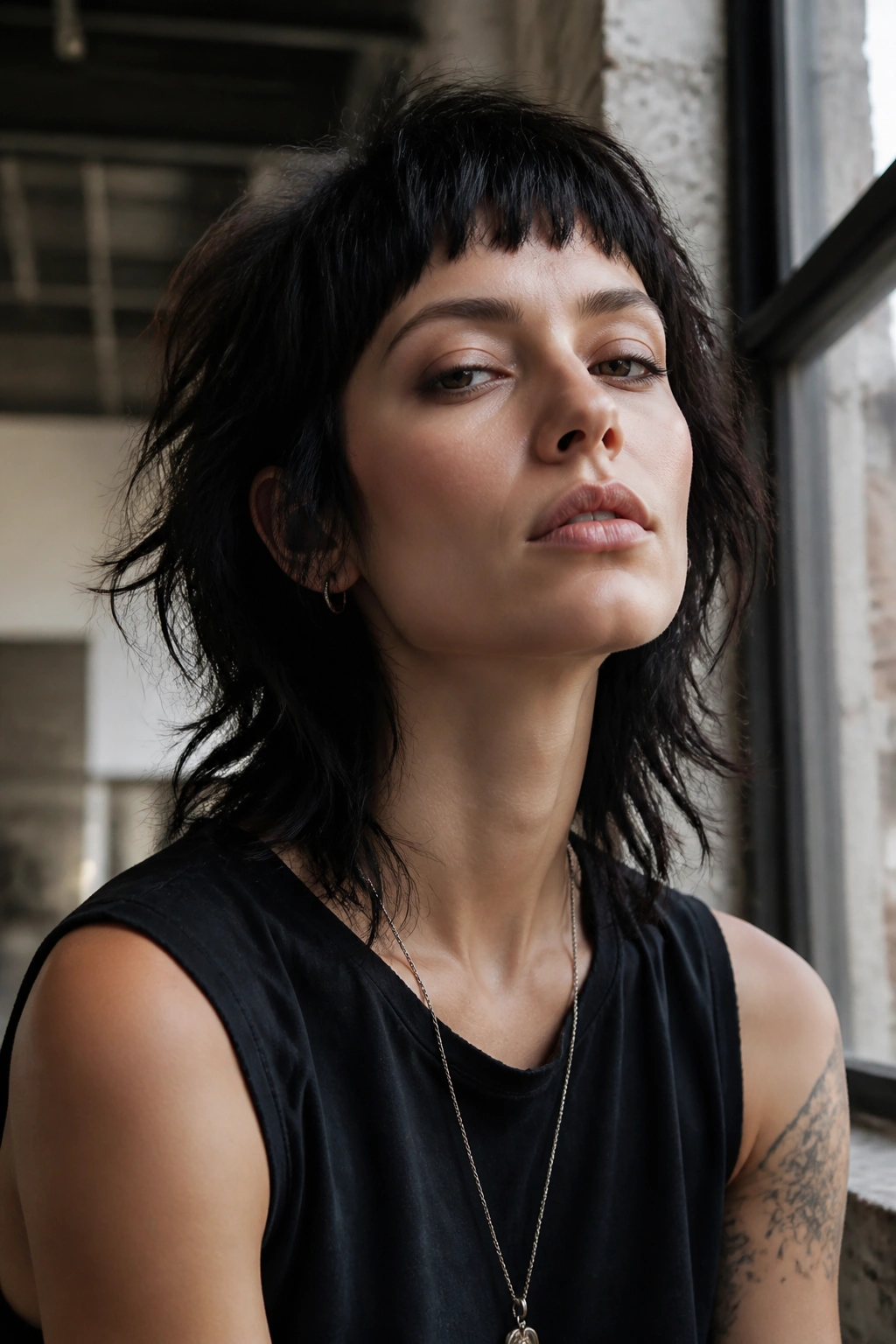 Real woman with micro bangs and shaggy wolf cut in moody loft.