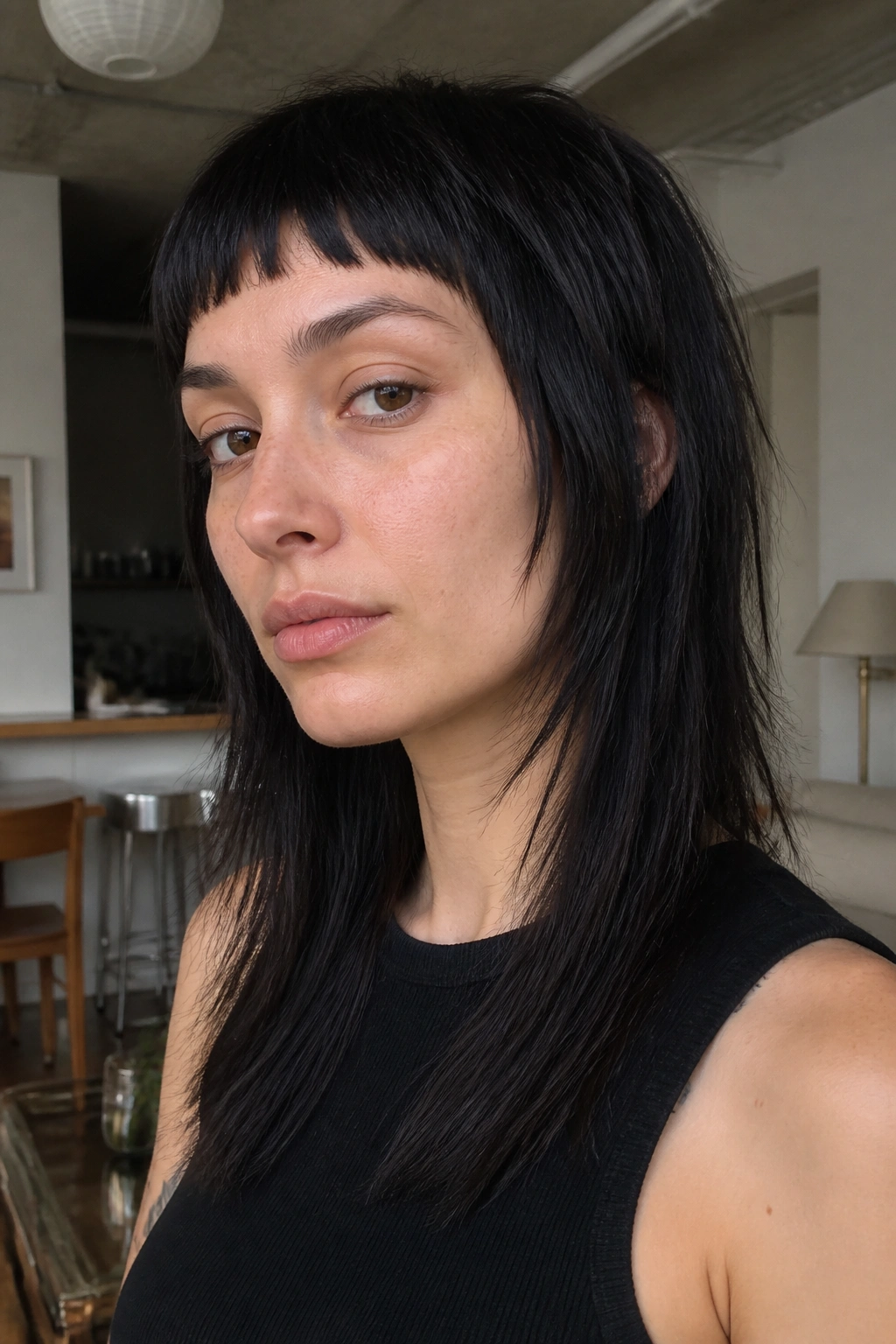 Close-up of a real person with blunt micro bangs and razor-cut ends