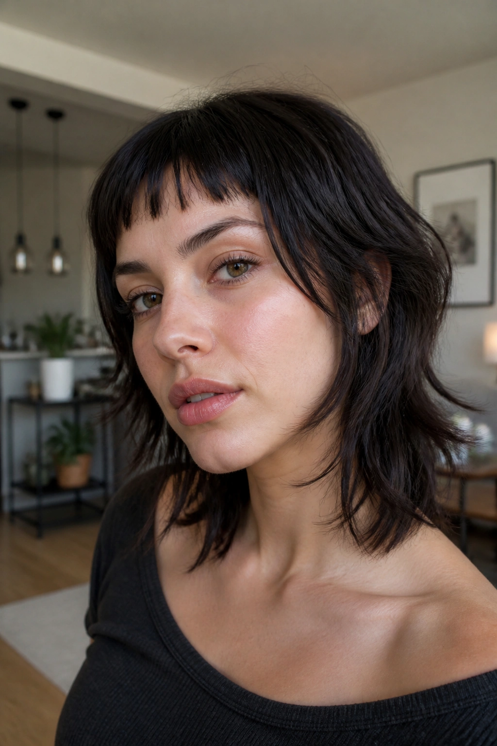 Close-up portrait of a person with micro bangs and choppy wolf layers