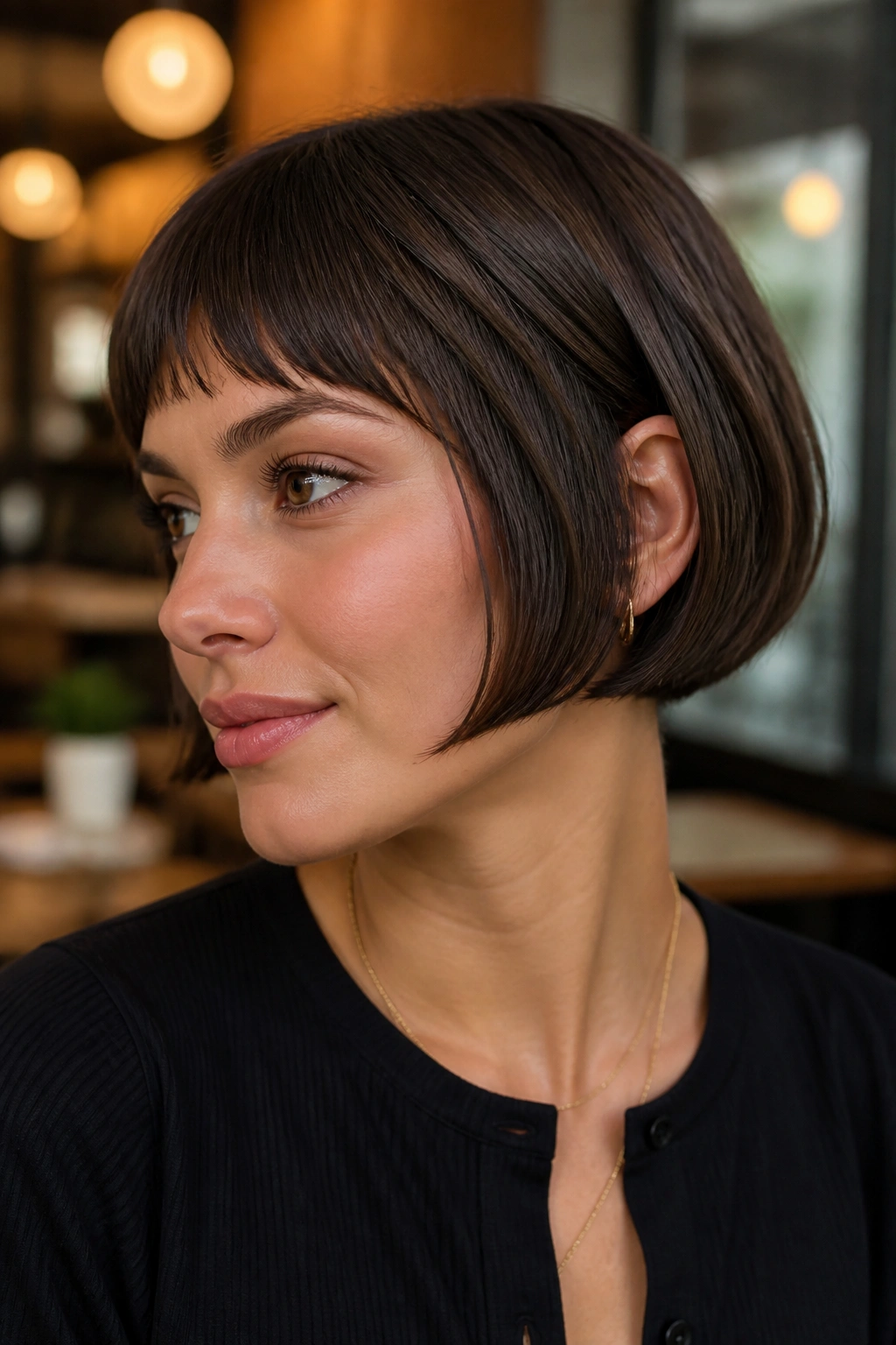 Close-up portrait of a real woman with micro bob beveled edge in warm cafe lighting.