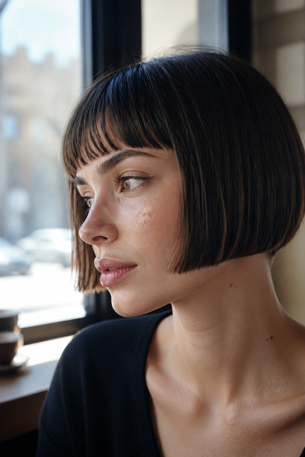 Close-up of a real person with a micro bob and blunt edge