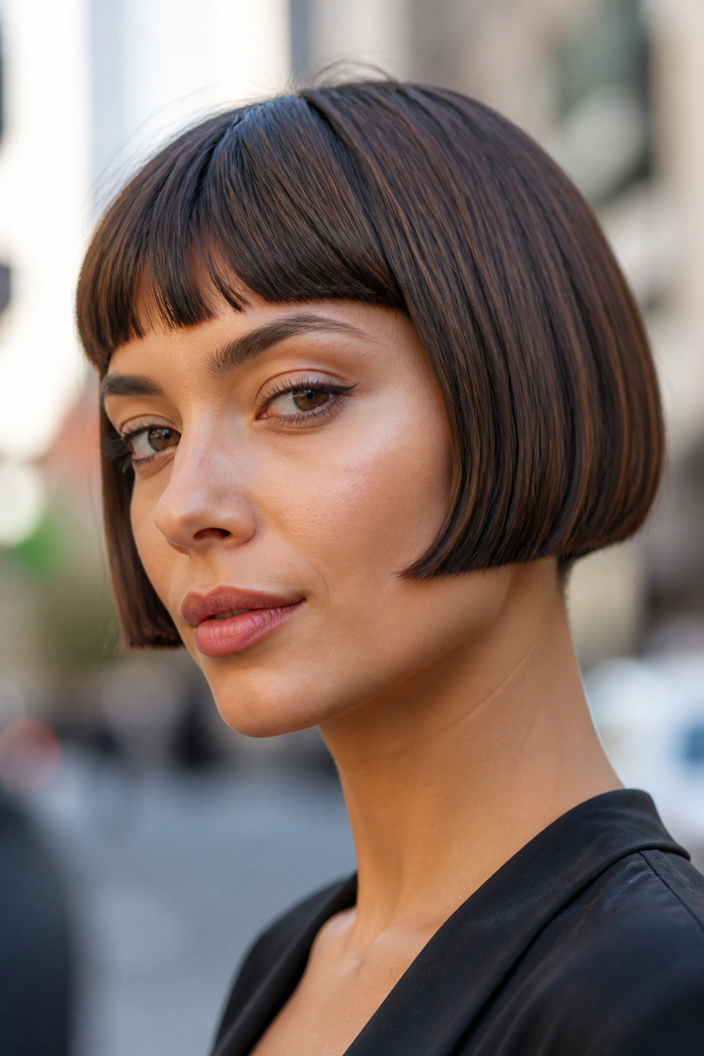 Close-up of a real woman with a micro bob above the jawline