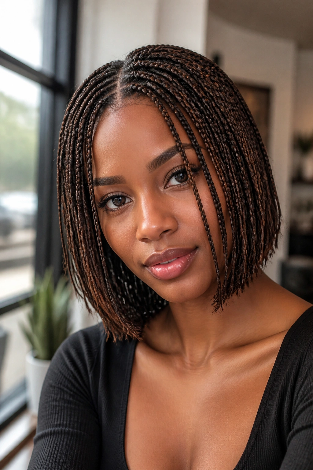 Close-up of real woman with micro bob braids