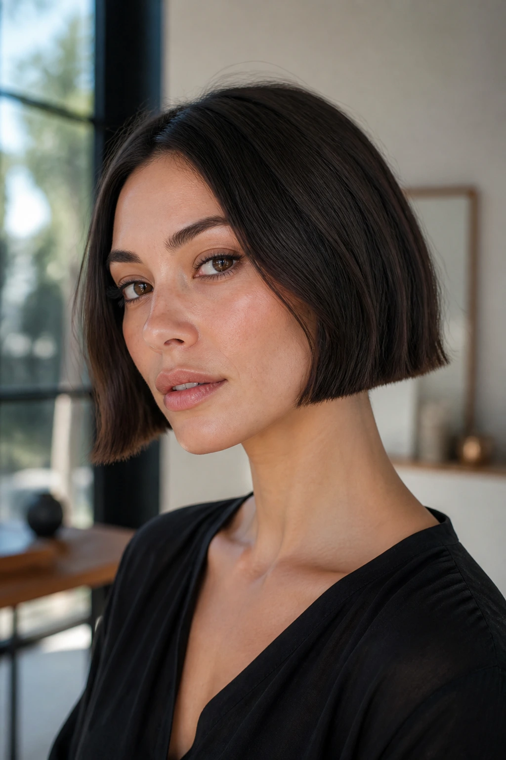 Portrait of a woman with micro bob at cheekbone length and blunt edges.