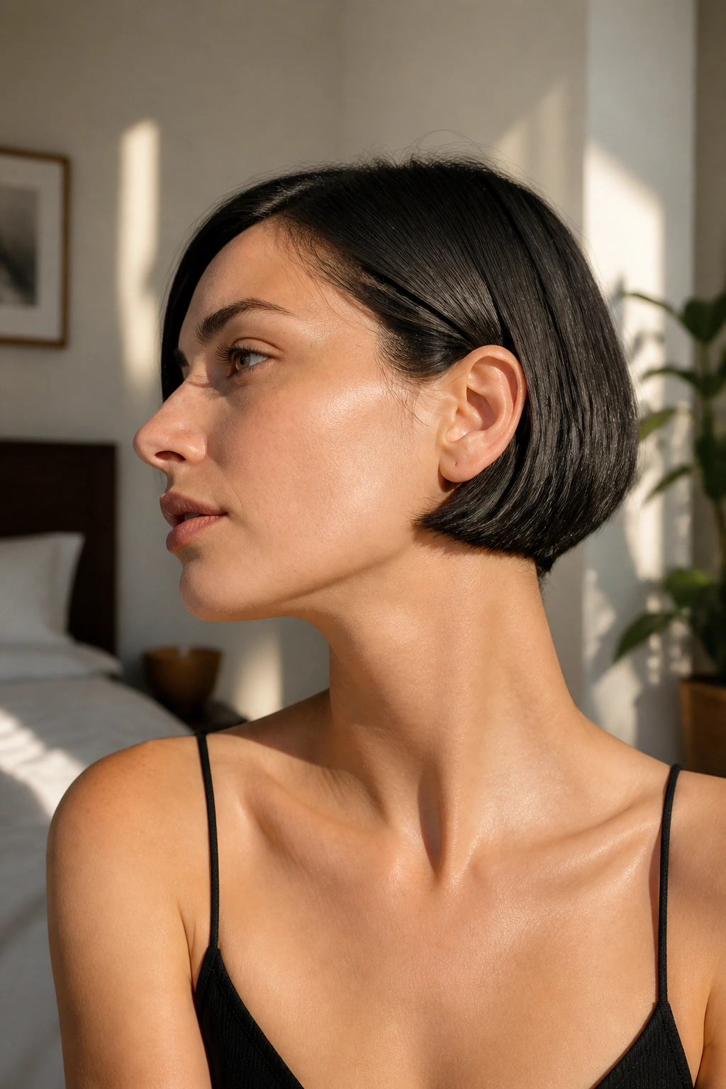 Close-up portrait of a real woman with a jaw-length micro bob and blunt ends