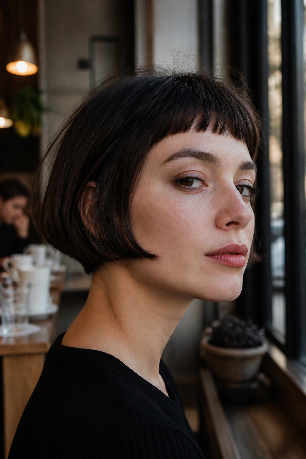 Close-up of a real woman with a jawline-length micro bob and exposed neck.