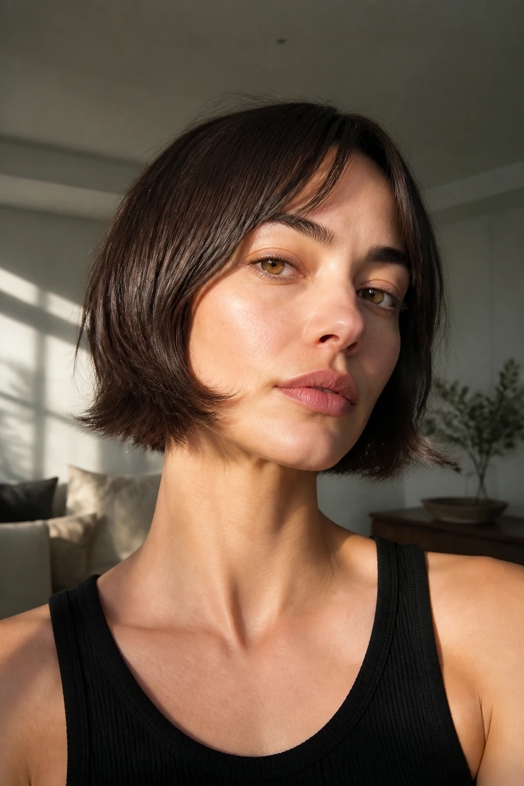 Close-up of a real woman with a micro bob and feathered ends under natural light.