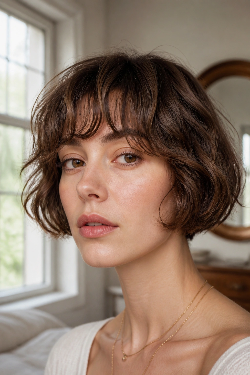 Real woman with micro bob for fine wavy hair.