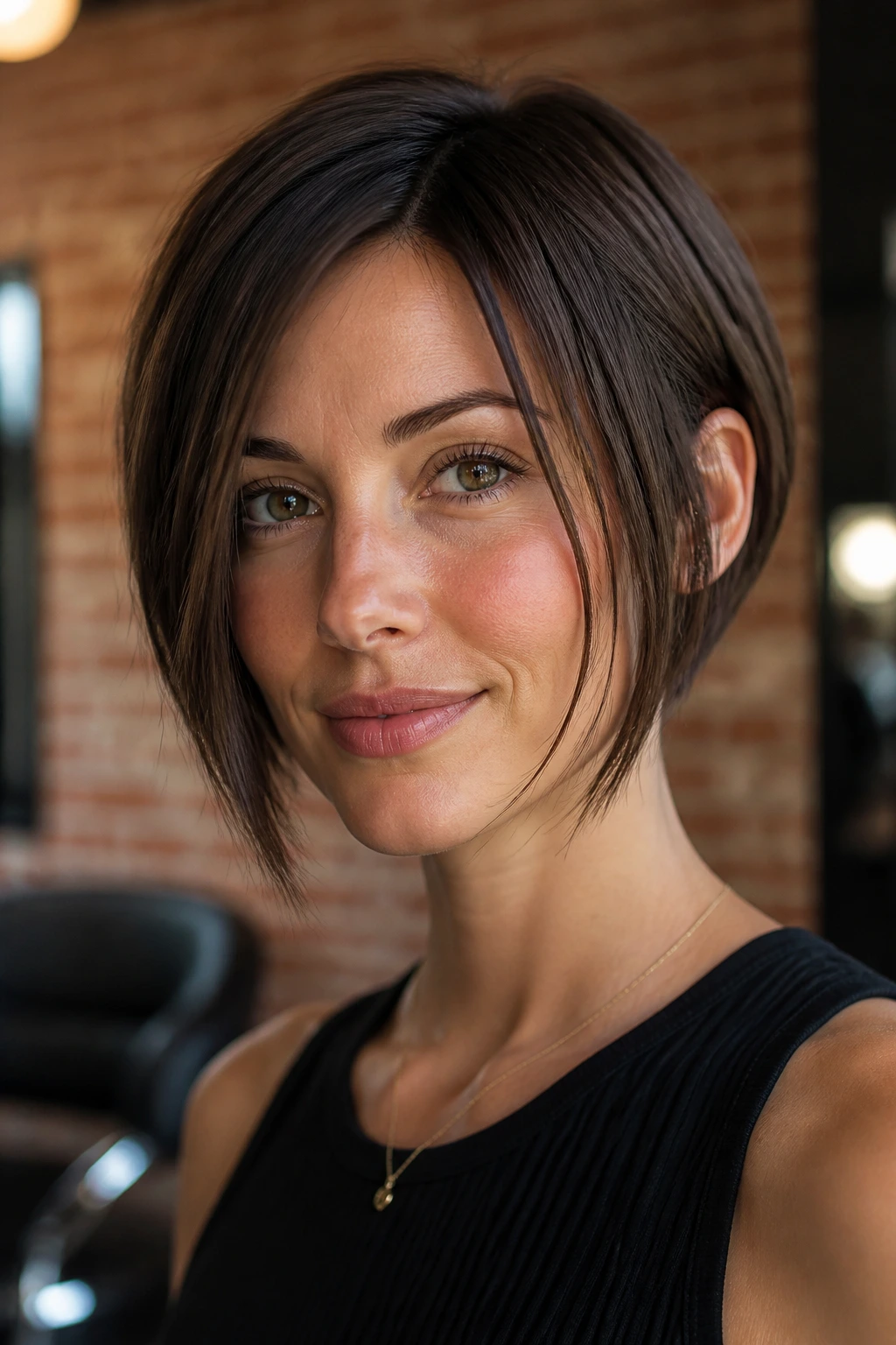 Close-up of a real person with a micro bob and long face-framing pieces