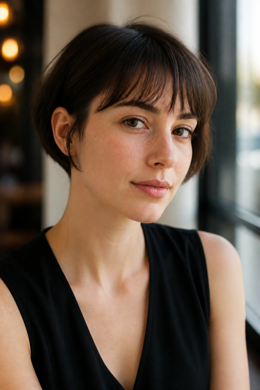 Close-up portrait of a real woman with micro bob and soft fringe in cafe setting