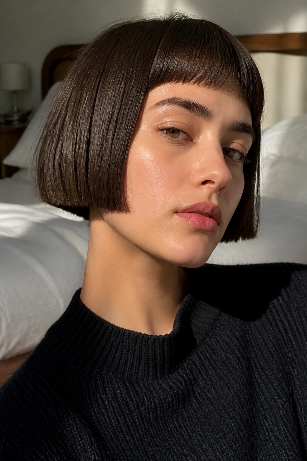 Close-up of real woman with micro bob haircut in warm bedroom light