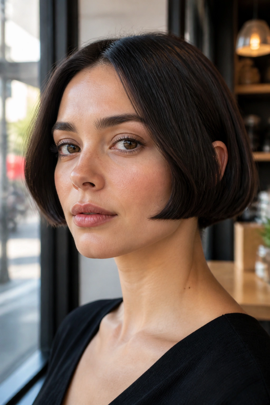 Portrait of a real woman with a micro bob haircut