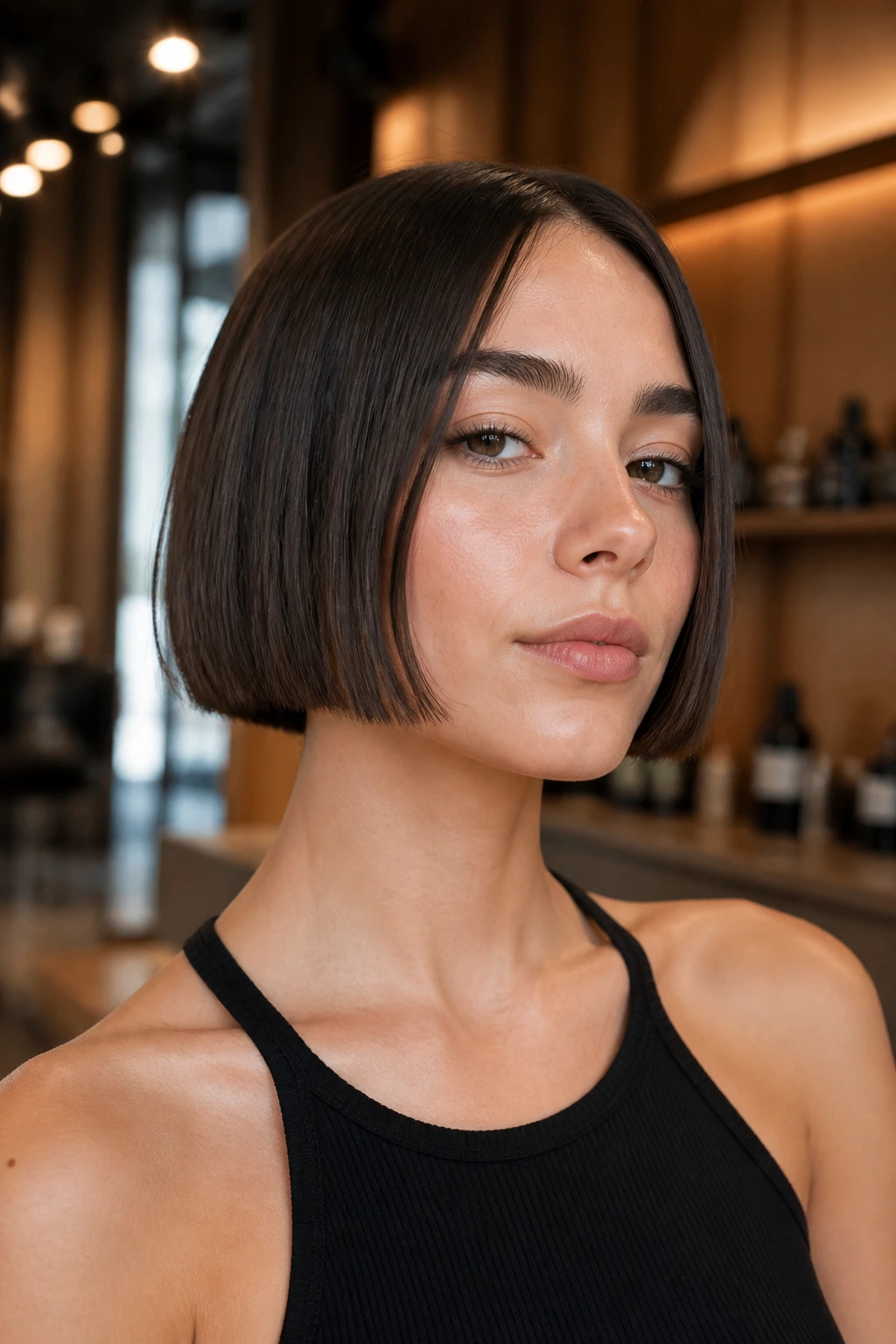 Real person with jaw-length micro bob in a warm salon setting