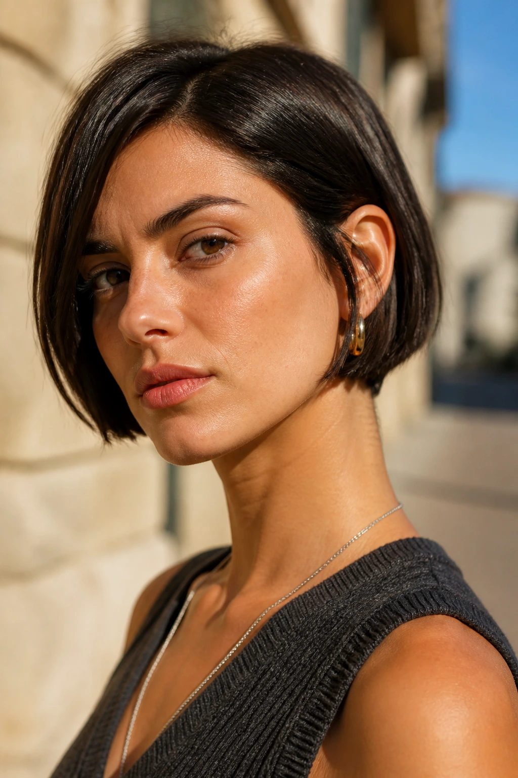 Close-up of a woman with a micro bob hairstyle.