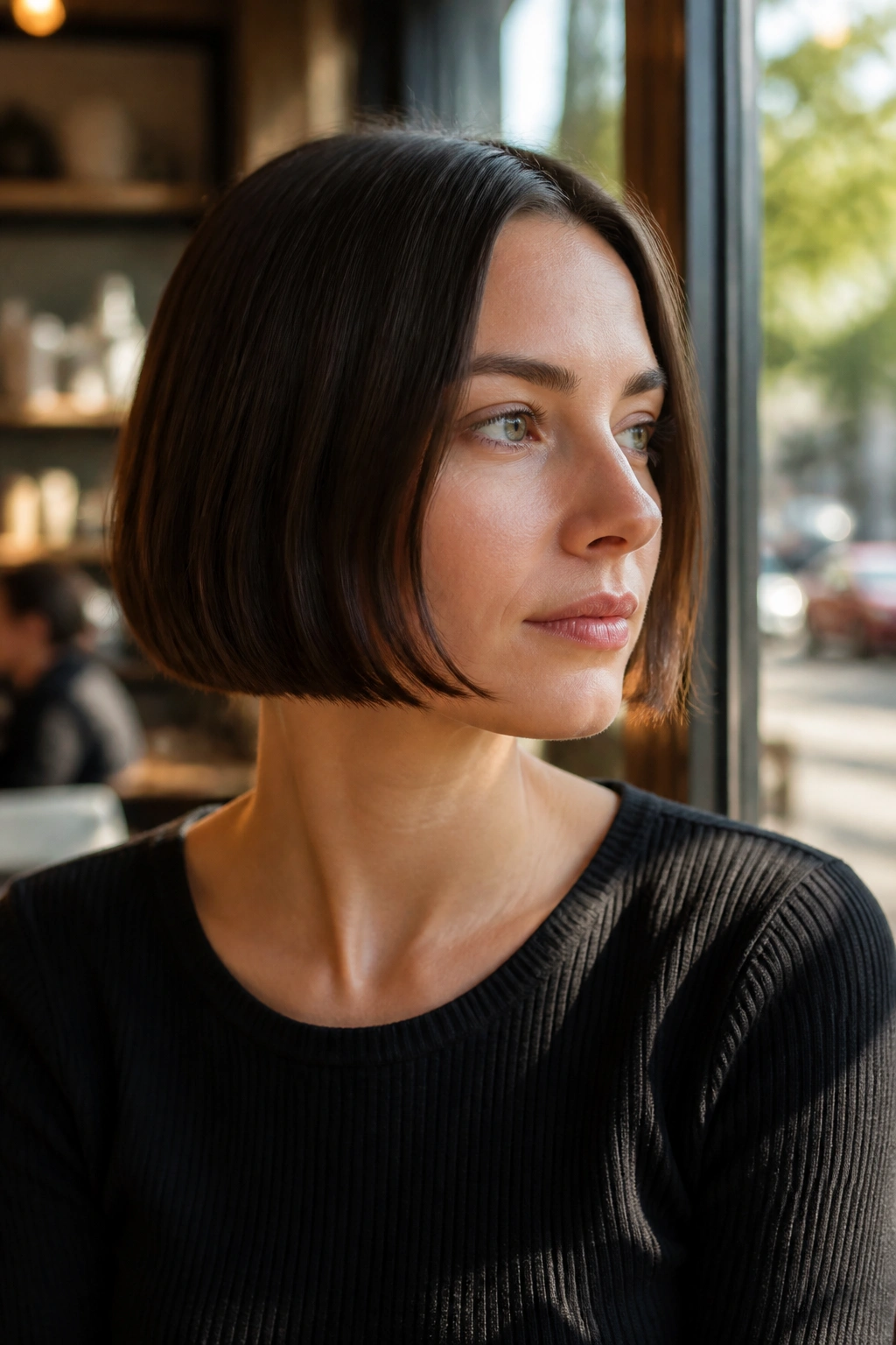 Close-up portrait of a real woman with a jaw-length micro bob, crisp and polished