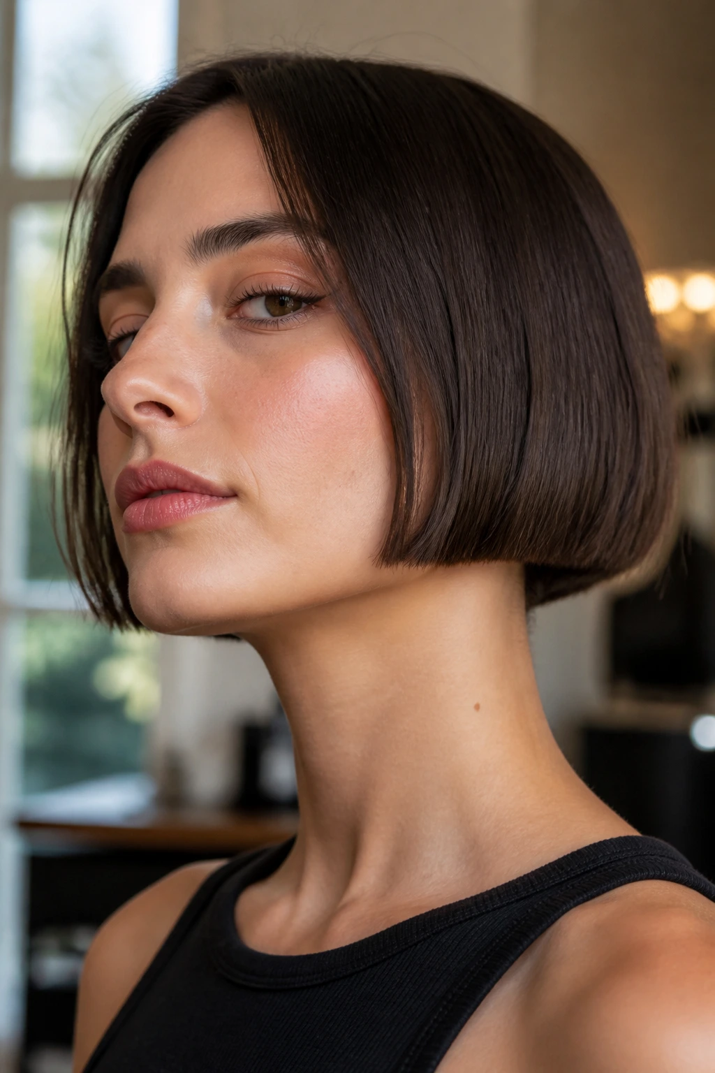 Close-up of a real woman with a micro bob hugging the jaw