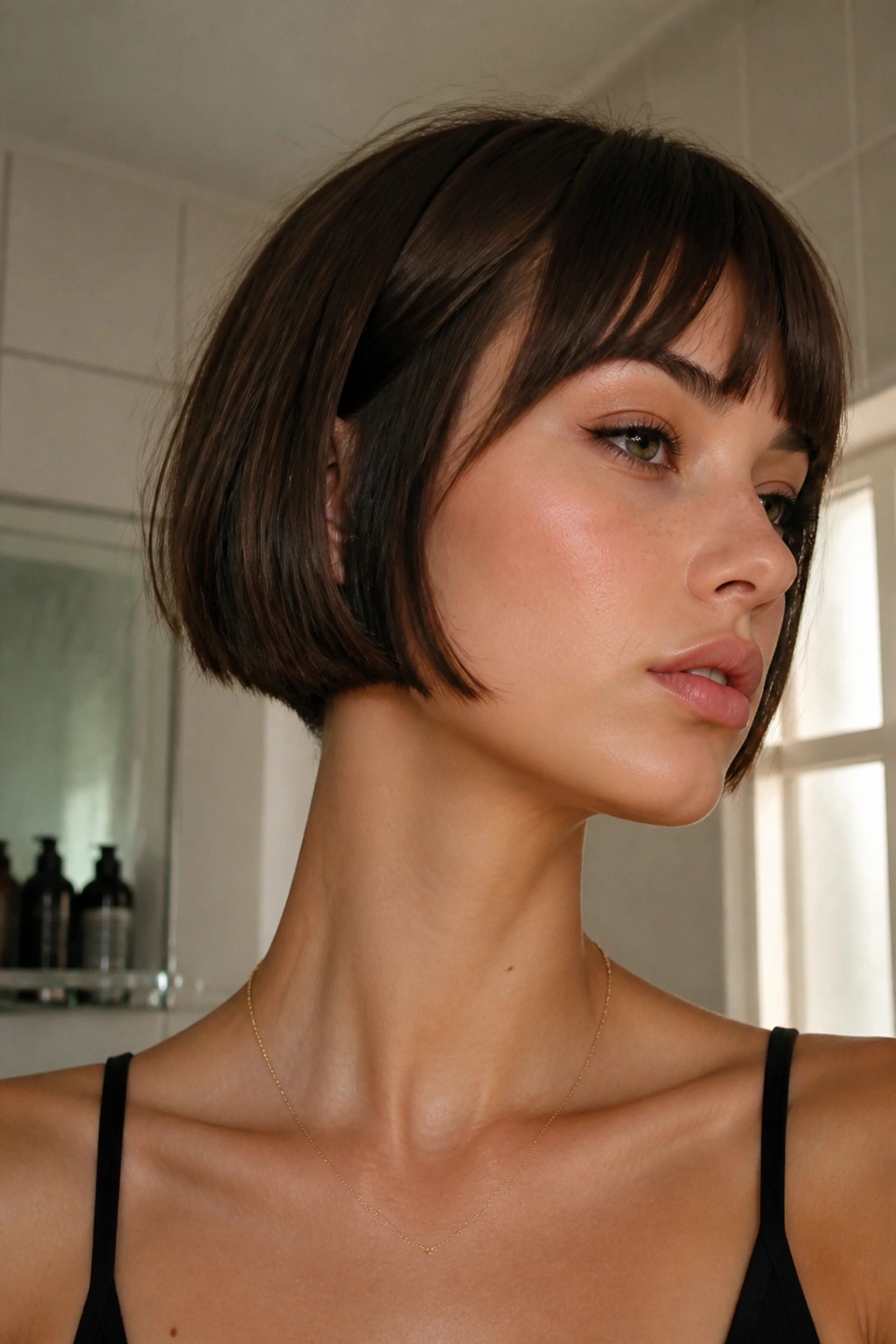 Close-up portrait of a real woman with a micro bob sitting high on the jaw under warm window light