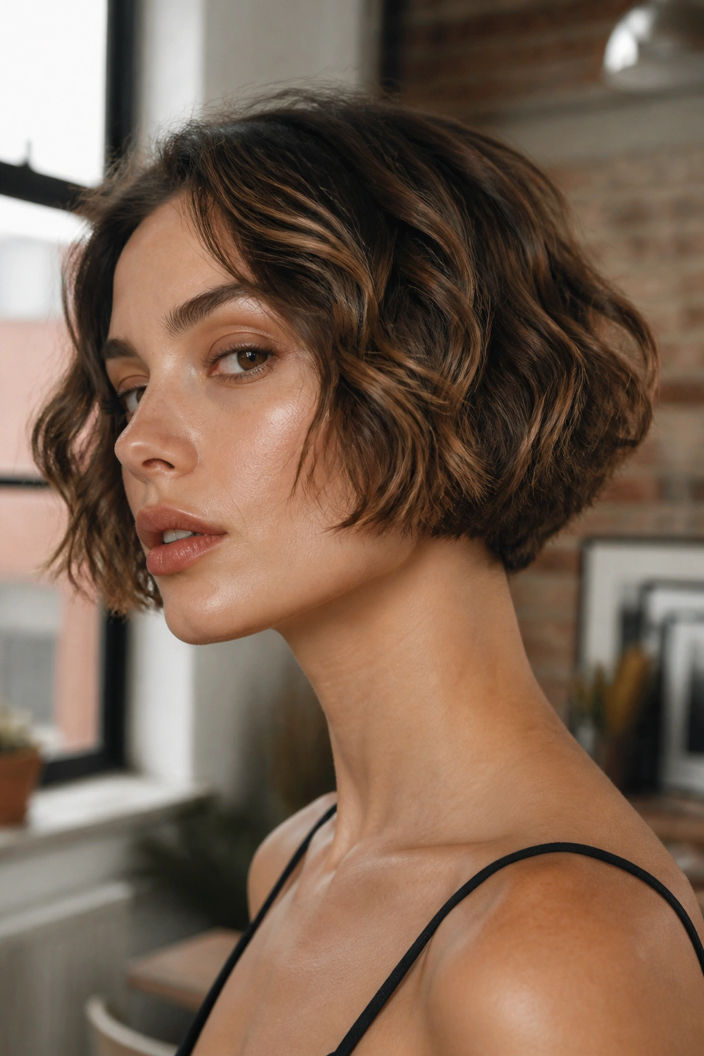 Close-up of a real woman with a micro bob above the jaw showing sharp lines.