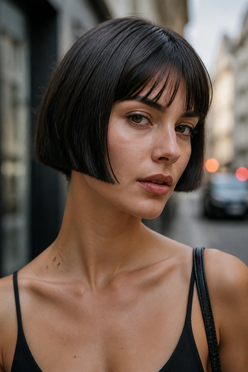 Close-up of a real woman with a micro bob at cheekbone length