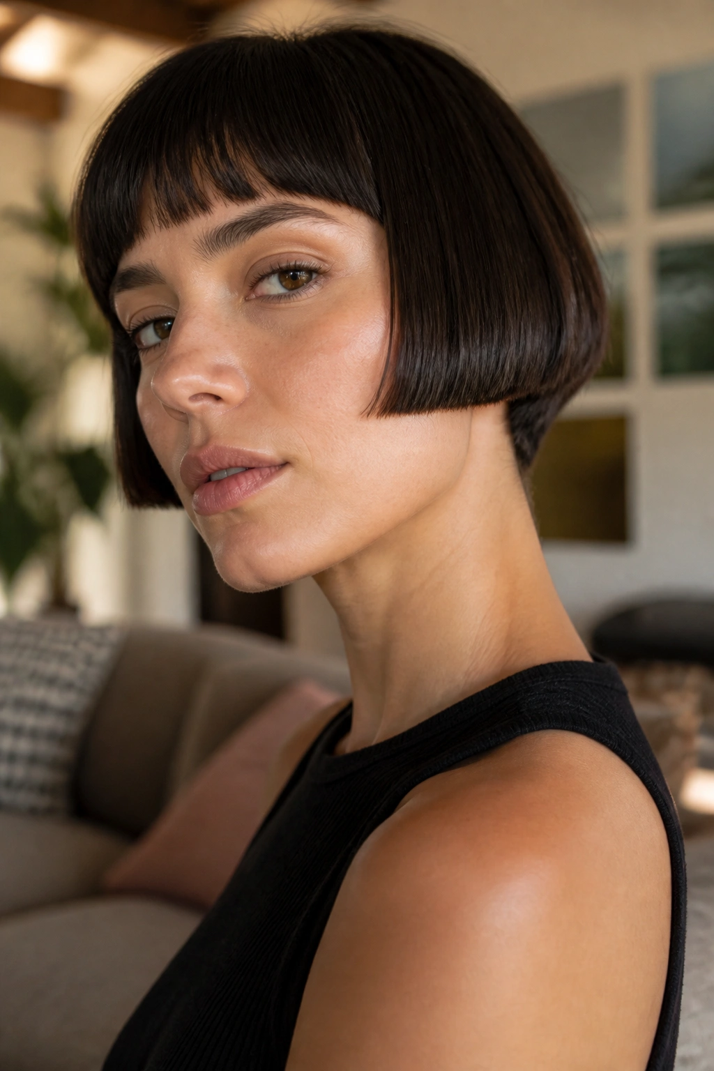 Close-up portrait of a real woman with a micro bob around the ears and blunt ends.
