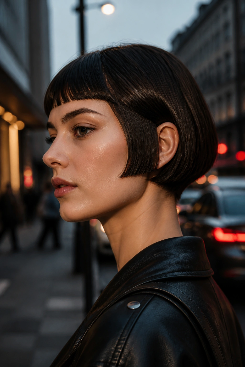 Portrait of a woman with a micro bob length just below the ear.