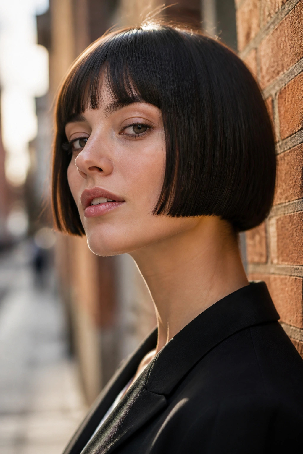 Close-up of a real woman with micro bob against a brick wall in morning light