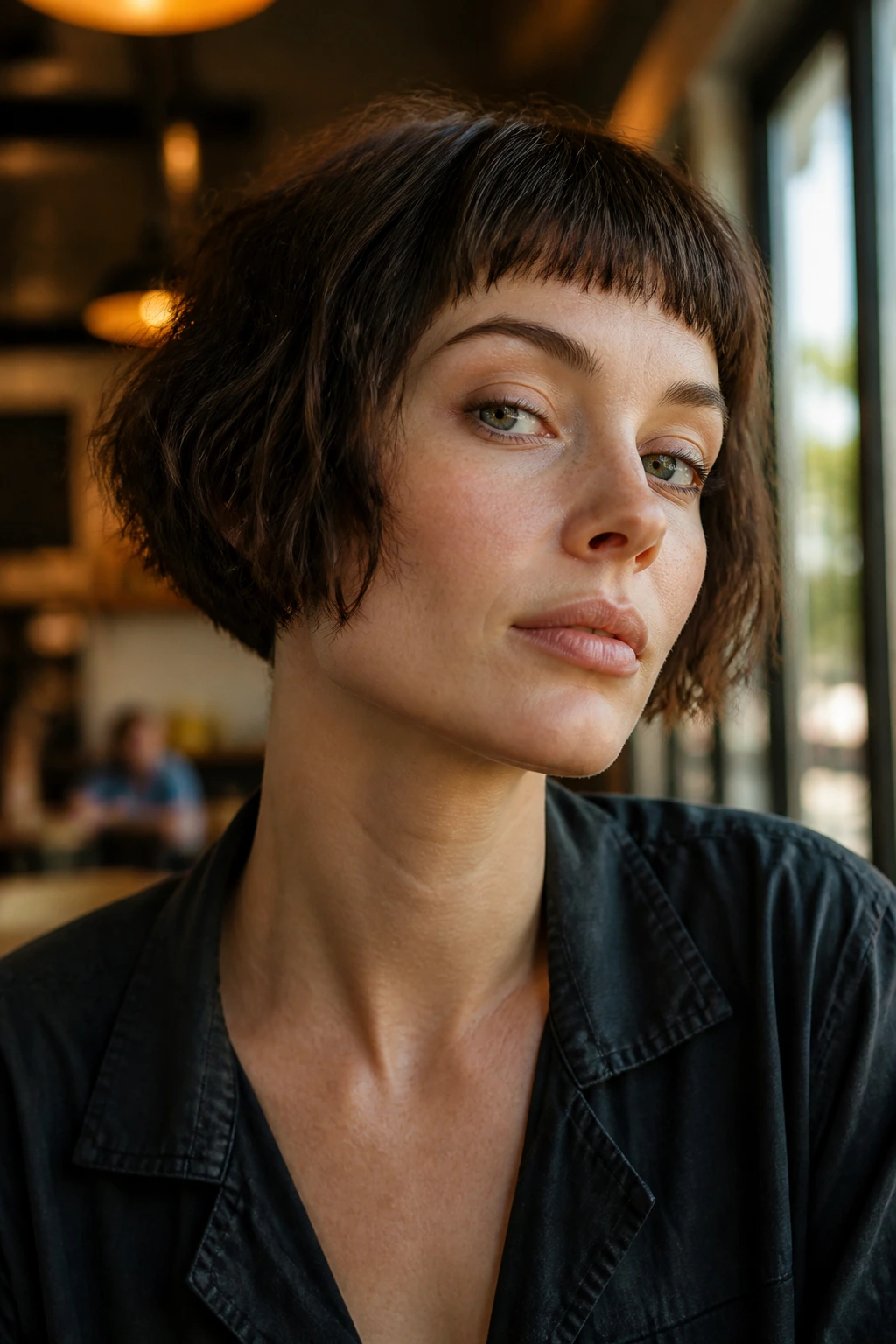 Close-up portrait of a woman with a choppy micro bob