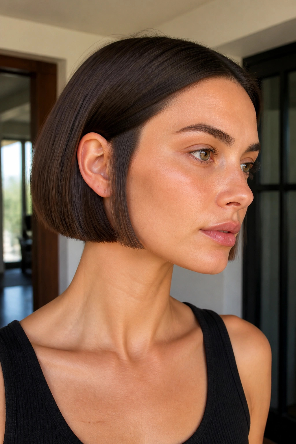 Close-up portrait of a real woman with an ear-length micro bob and crisp edge.