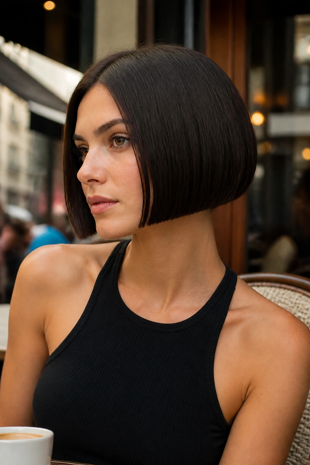 Close-up portrait of a real woman with a micro bob and sharp edge.