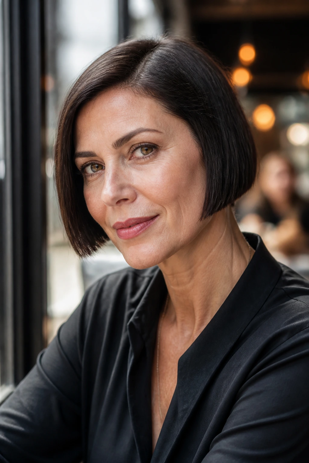 Portrait of a real woman with a micro bob at the jawline in a sunlit cafe.