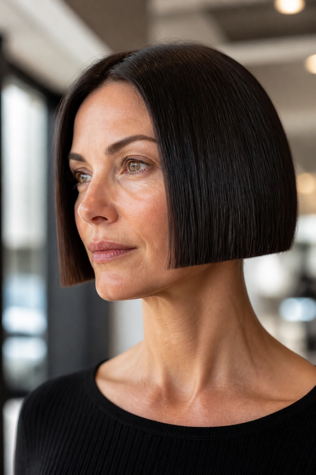 Close-up portrait of a real woman with a crisp, blunt-edged micro-bob haircut.