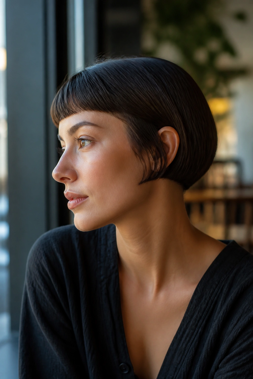 Close-up of real woman with crisp micro bob and tidy nape.