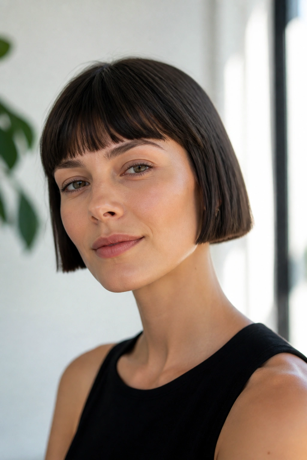 Portrait of a woman with a micro bob in a bright interior