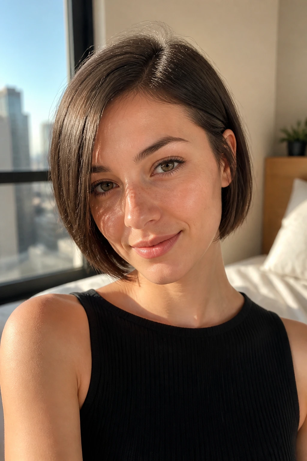 Real person with a micro bob and airy side part.