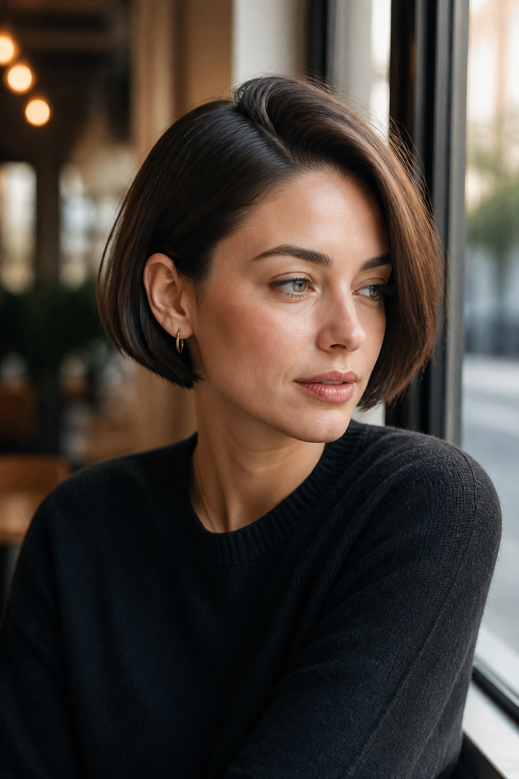 Close-up of a woman with a micro bob and side part in a cafe setting