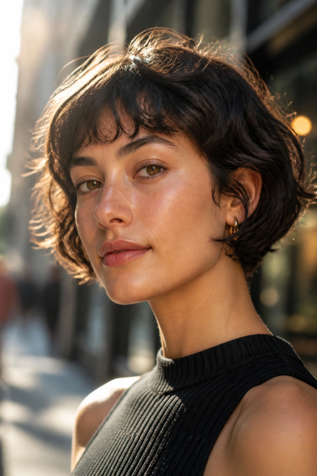 Close-up portrait of a real woman with a micro bob showing crisp texture