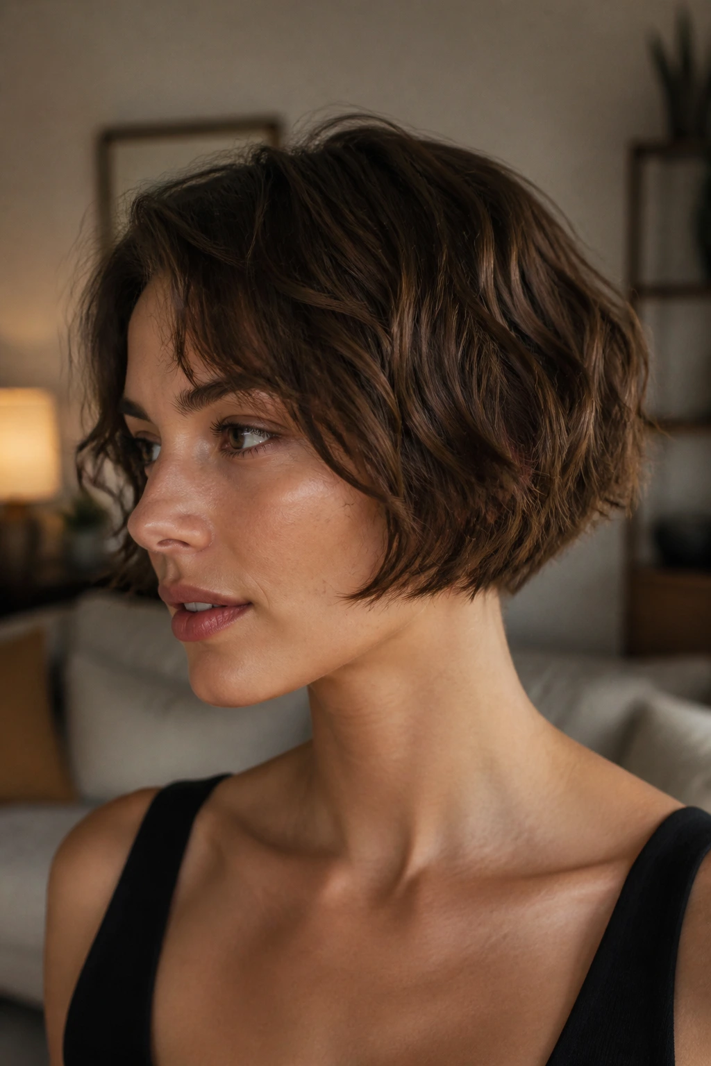 Portrait of a real person with micro bob and textured ends in a cozy room