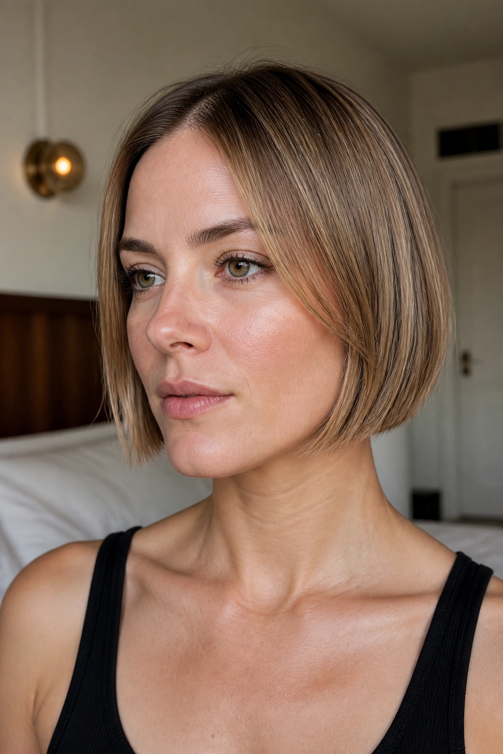 Close-up of a real woman with a micro bob and barely-there layers hugging the cheekbones.