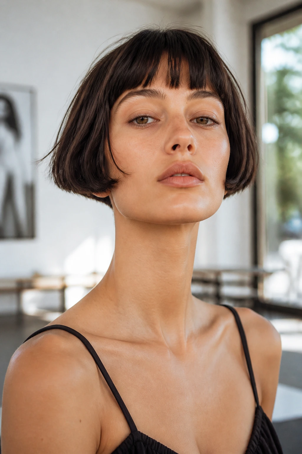 Close-up of a real woman with a micro bob exposing the neck in a bright urban interior.