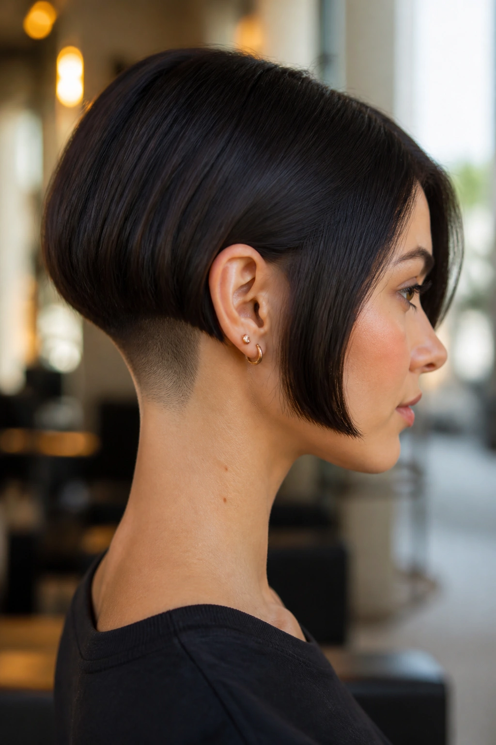 Close-up of real person with micro bob and underlayer shave in a salon setting