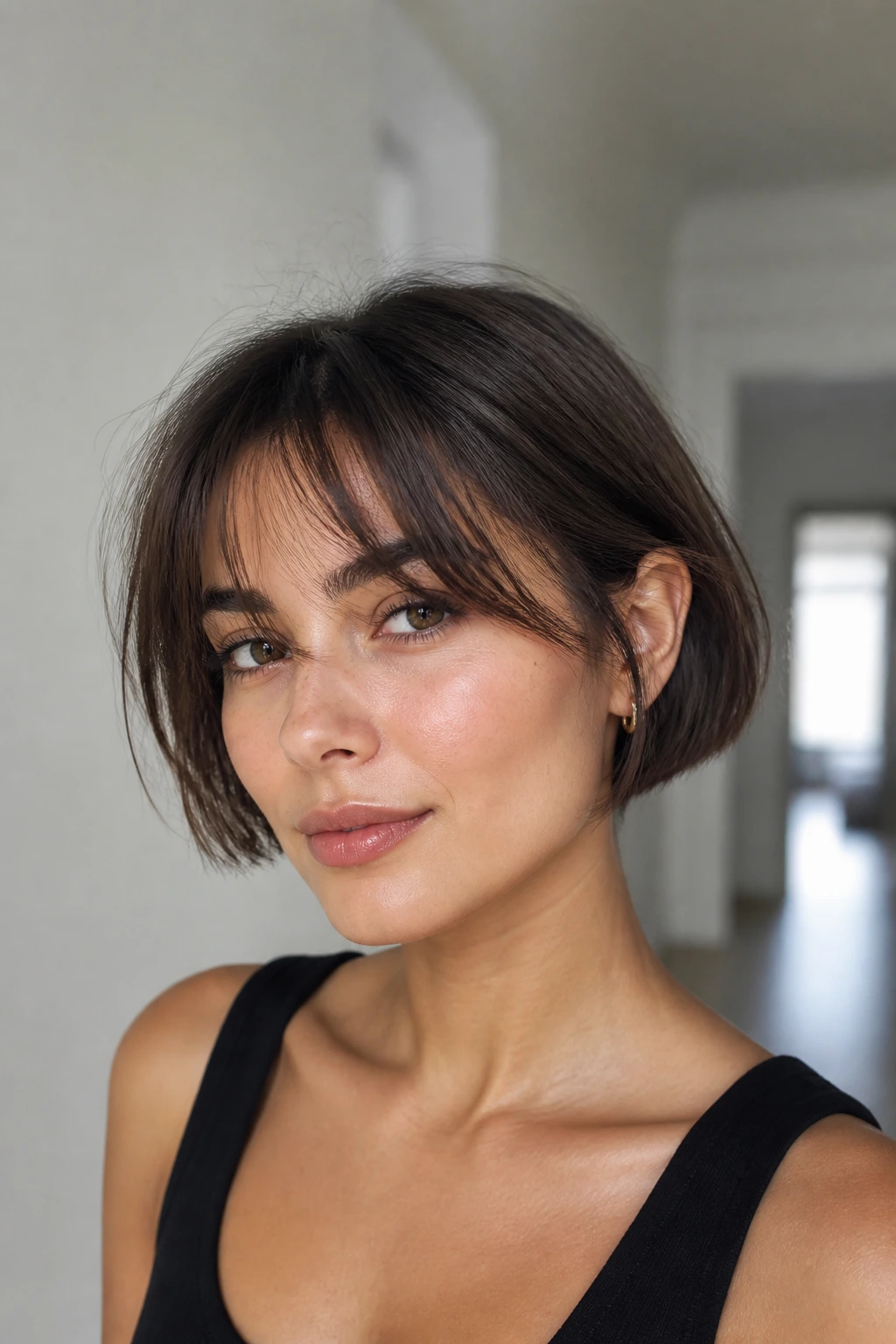 Close-up of a real woman with micro bob and wispy curtain fringe in bright hallway light