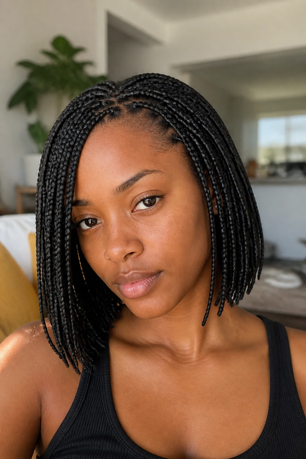 Real person with dense micro box braids in a bright room.