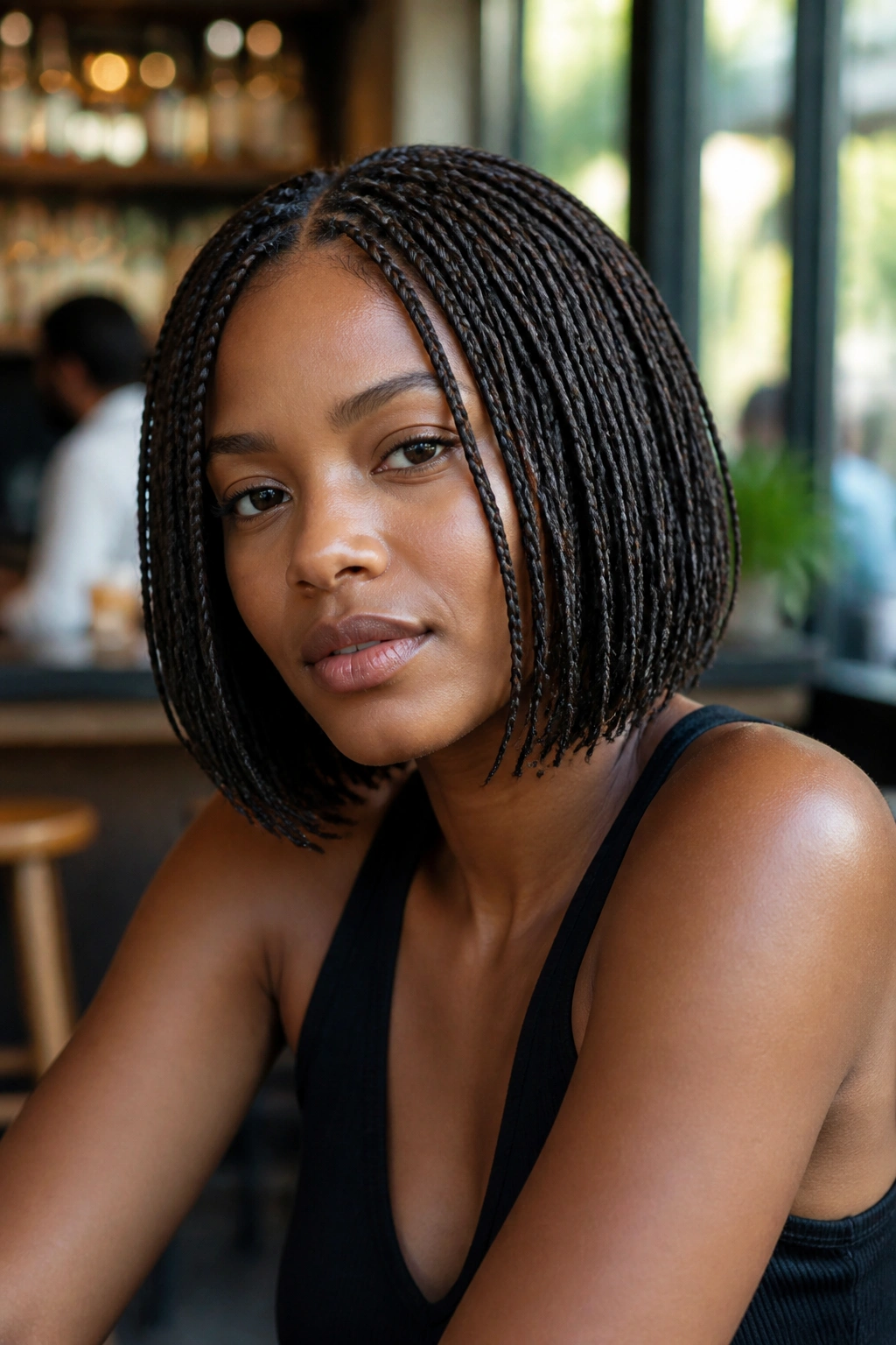 Real woman with micro box braids at bob length