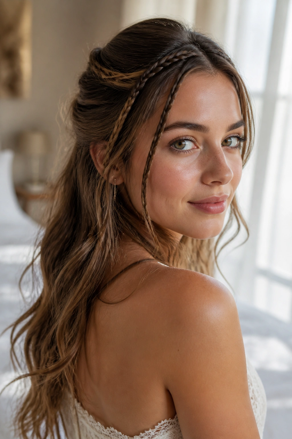 Close up of a real woman's face showing micro-braid accents in a soft half-up hairstyle.