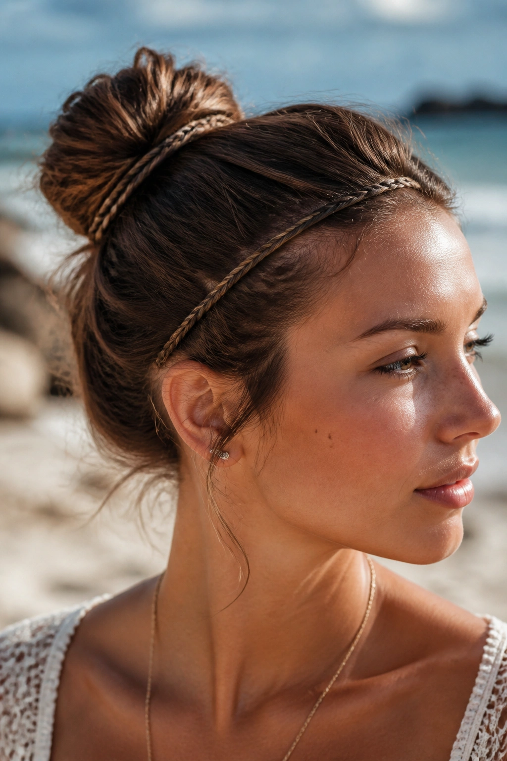 Close-up of a woman with micro-braid wrapped bun by the sea