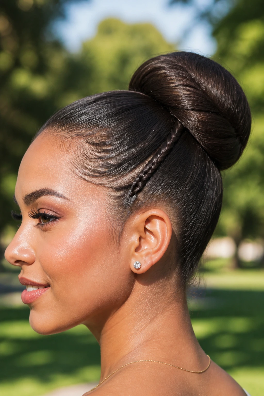 Close-up of a real woman's micro-braided accent donut bun outdoors